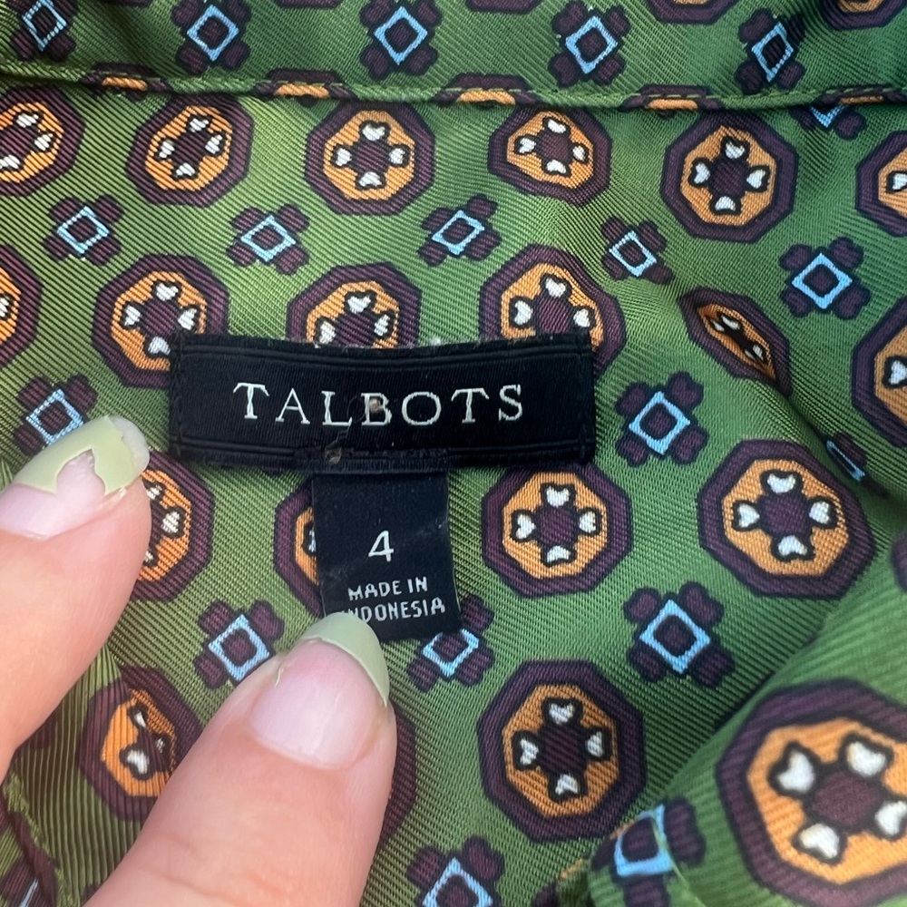 Talbots Avocado Green Button Down With Retro Patt… - image 4
